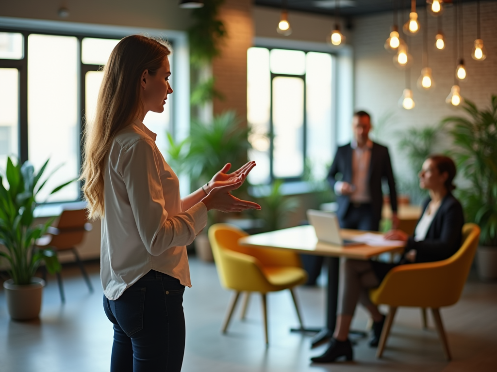 Woman presenting ideas to colleagues in a modern office setting with hanging lights.