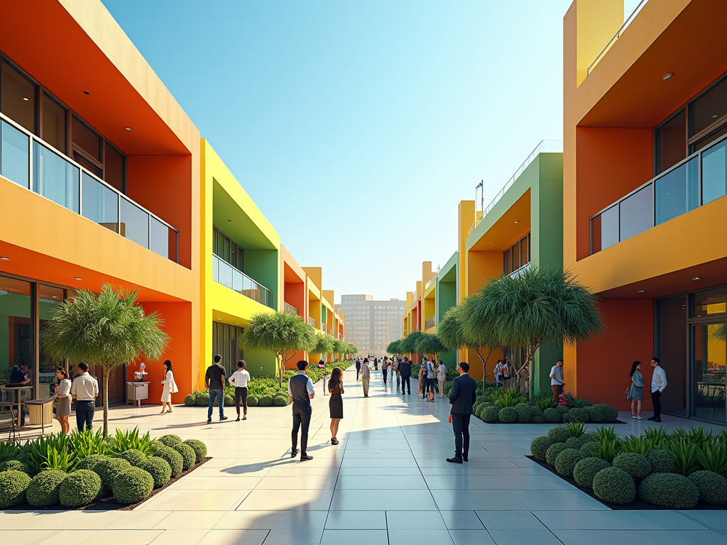 Colorful commercial street scene with people walking and conversing on a sunny day.