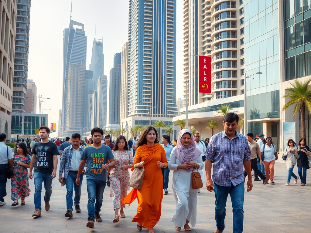 A diverse group of people walks along a busy city street lined with tall buildings and palm trees.