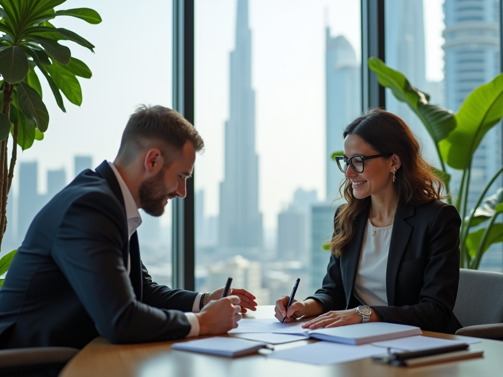 Two professionals in a meeting with cityscape in the background, sitting at a table filled with documents.