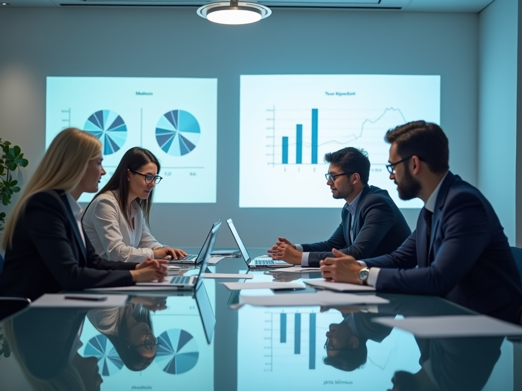 Four business professionals discussing data charts in a modern office meeting room.