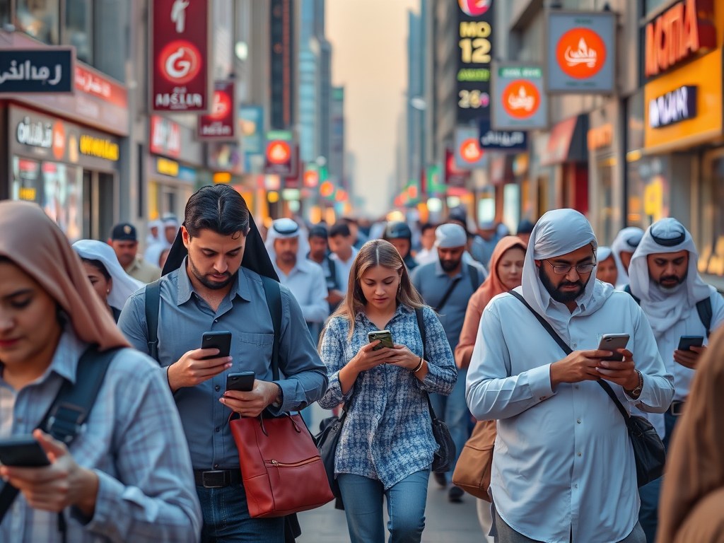 A busy street scene with diverse people walking and using smartphones, surrounded by shop signs during sunset.