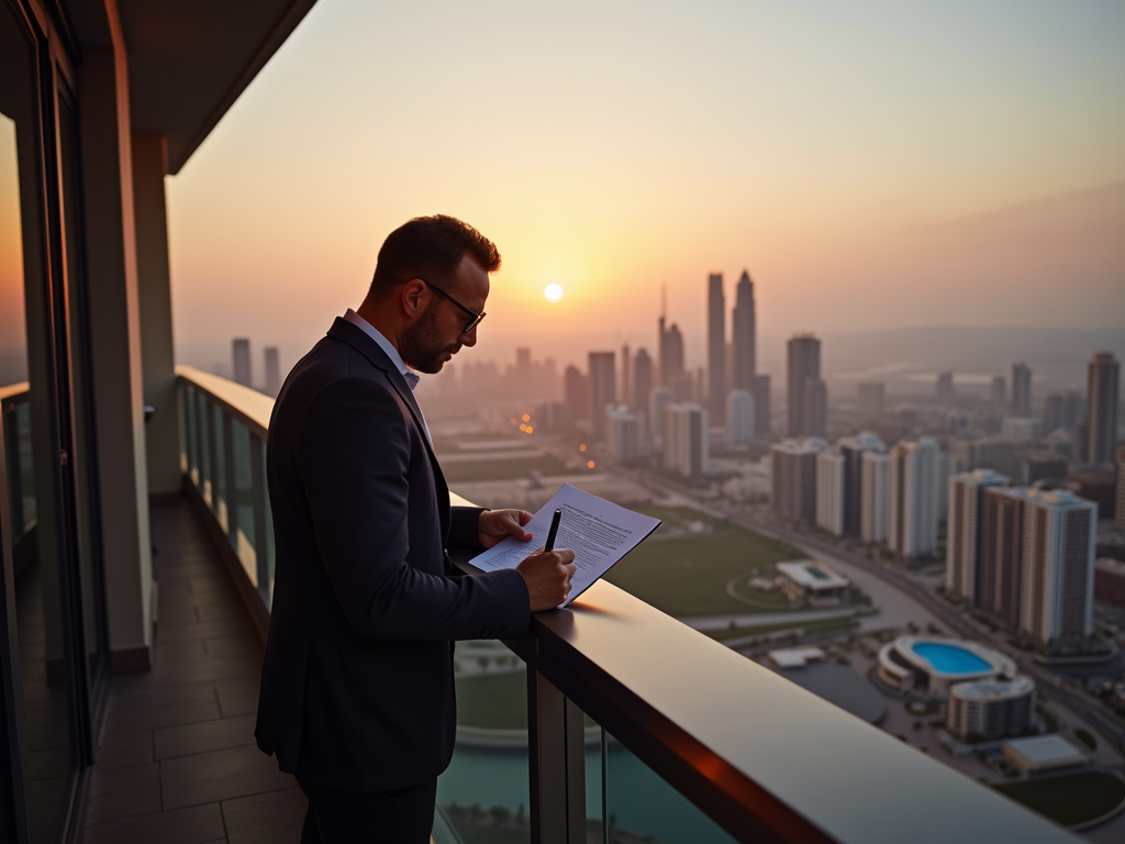 Man in suit reviewing documents on high-rise balcony at sunset with city skyline in background.