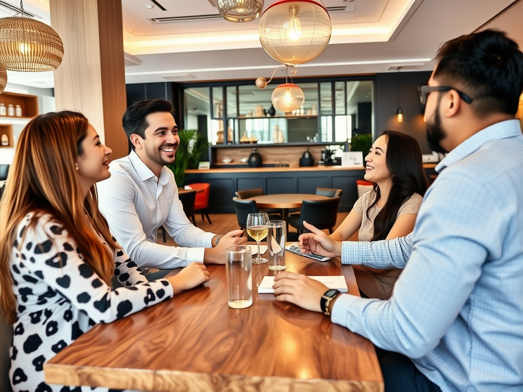 Four friends are engaged in a lively conversation at a modern café, enjoying drinks and smiling happily.
