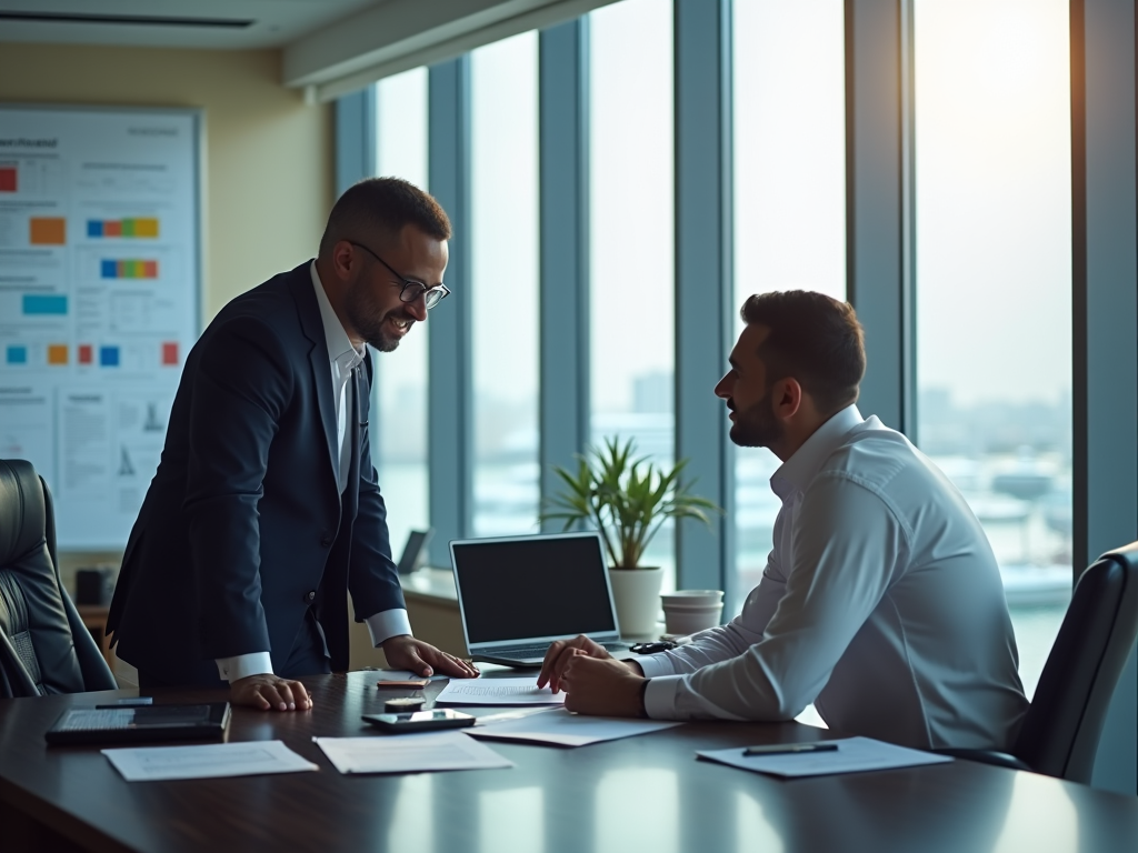 Two businessmen discussing at a table in a modern office with panoramic windows.