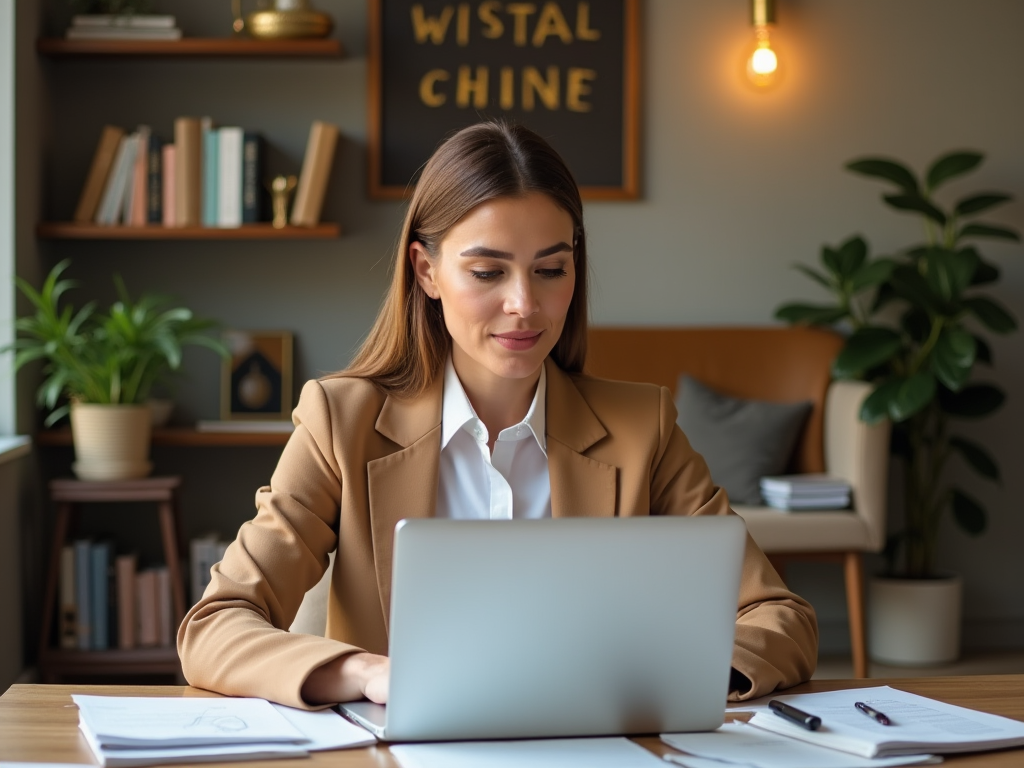 Professional woman working on a laptop in a stylish office.