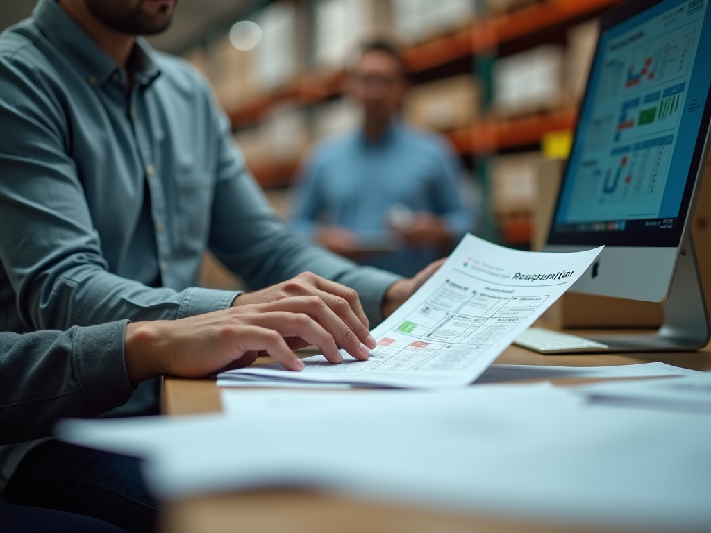 Man analyzing report in warehouse office with another person in background.