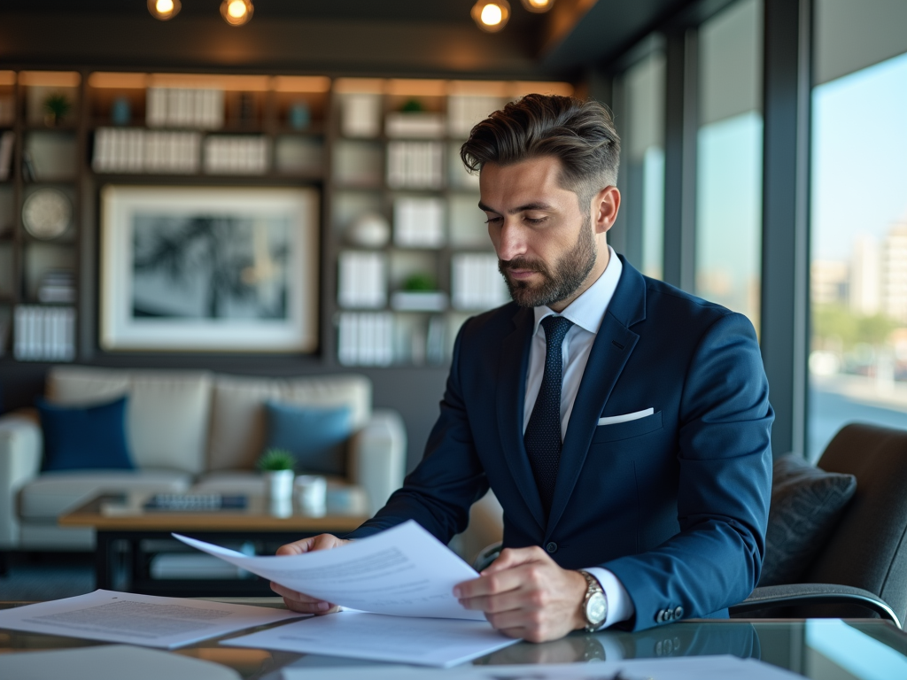 Businessman in a suit reviewing documents in a stylish office.