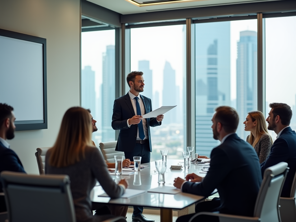 A man presenting in a boardroom meeting with colleagues around a table, city skyline visible through windows.