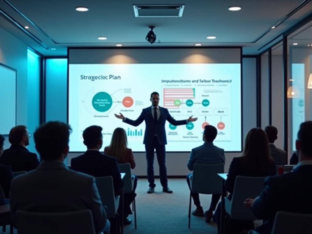 Man presenting strategic plan to audience in a boardroom with two charts.