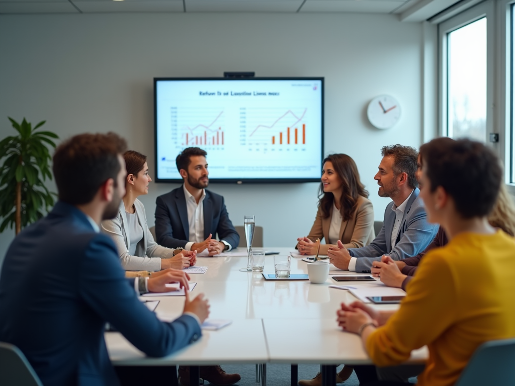 Business professionals in a meeting discussing data presented on a screen in a modern office setting.