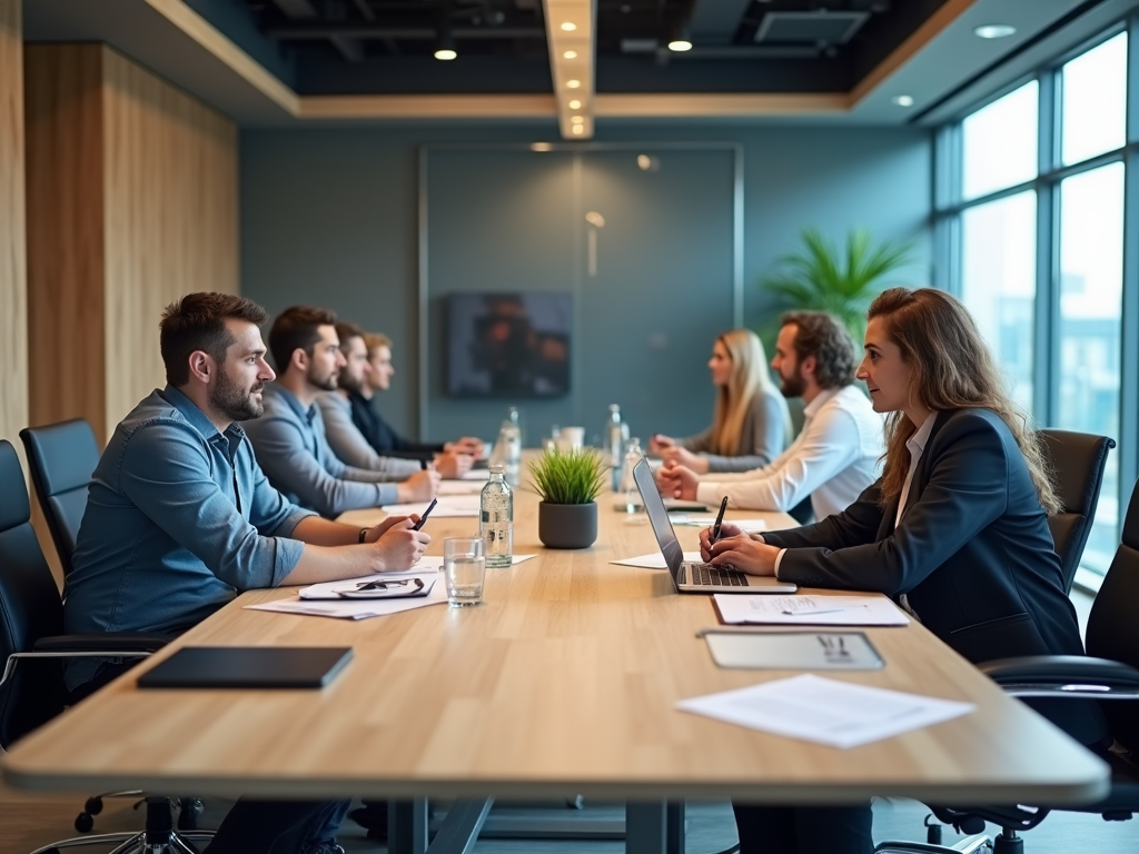 Business professionals engaged in a meeting around a long table in a modern office.