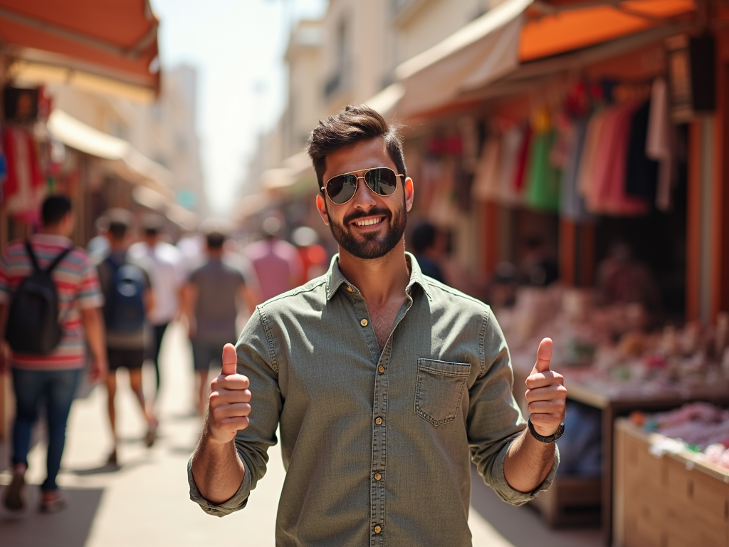 Smiling man with sunglasses giving thumbs up in a busy market street.