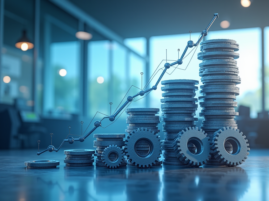 Stacks of coins with gears and a rising graph, symbolizing financial growth in a business environment.