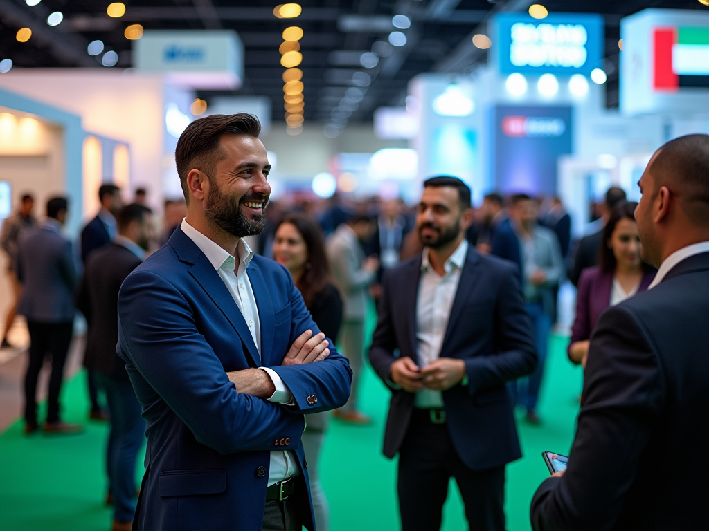 Smiling man in blue suit with crossed arms at a crowded business expo.