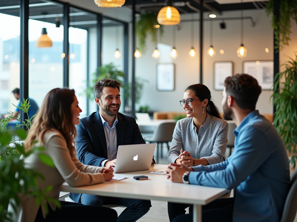 Four professionals smiling and conversing at a table with a laptop in a modern office.