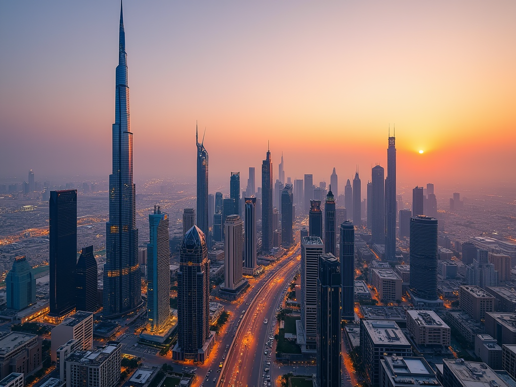 Sunset over a modern city skyline with towering skyscrapers and an orange glow.