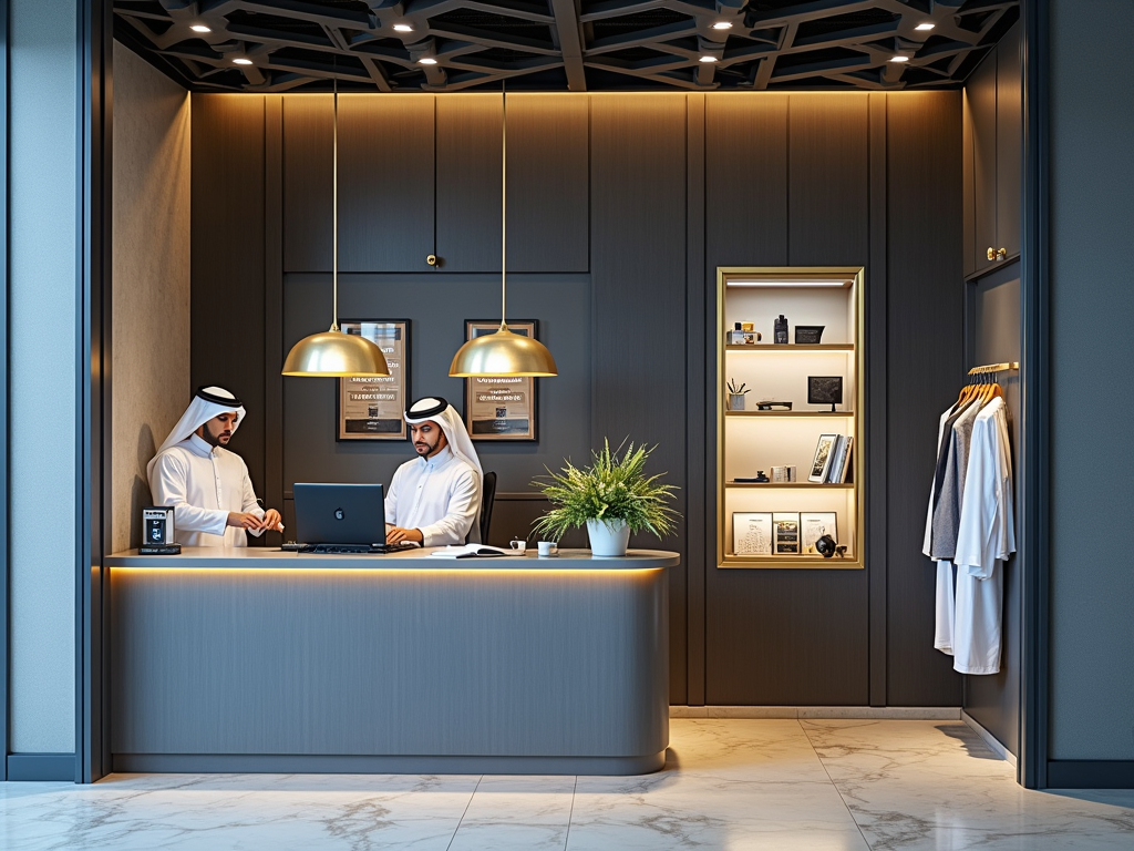 Two men in traditional attire at a sleek reception desk with modern lighting and a display shelf.