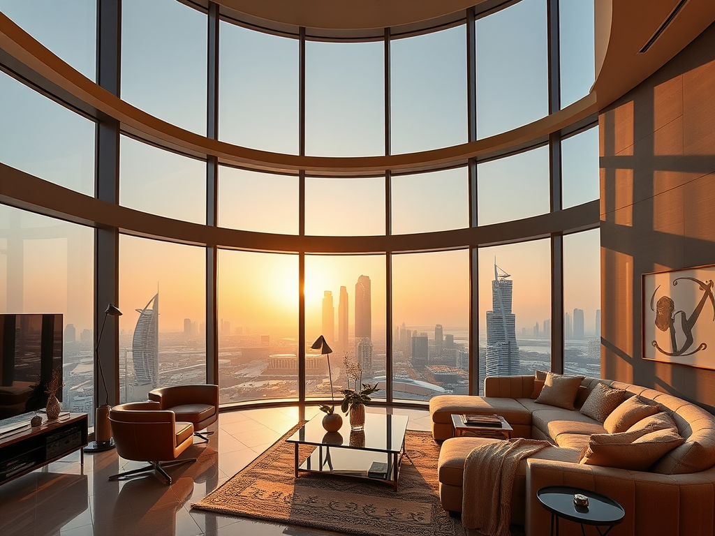 A luxurious living room with large windows showcasing a sunset view over a city skyline.