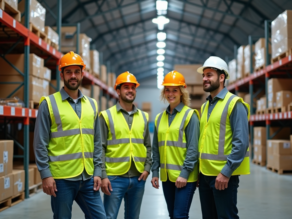 Four warehouse workers in safety gear smiling in a storage facility.