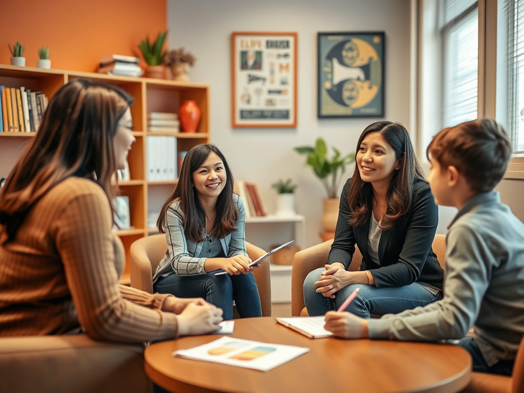 A group of four people, including a child, engaged in a discussion around a coffee table in a cozy room.