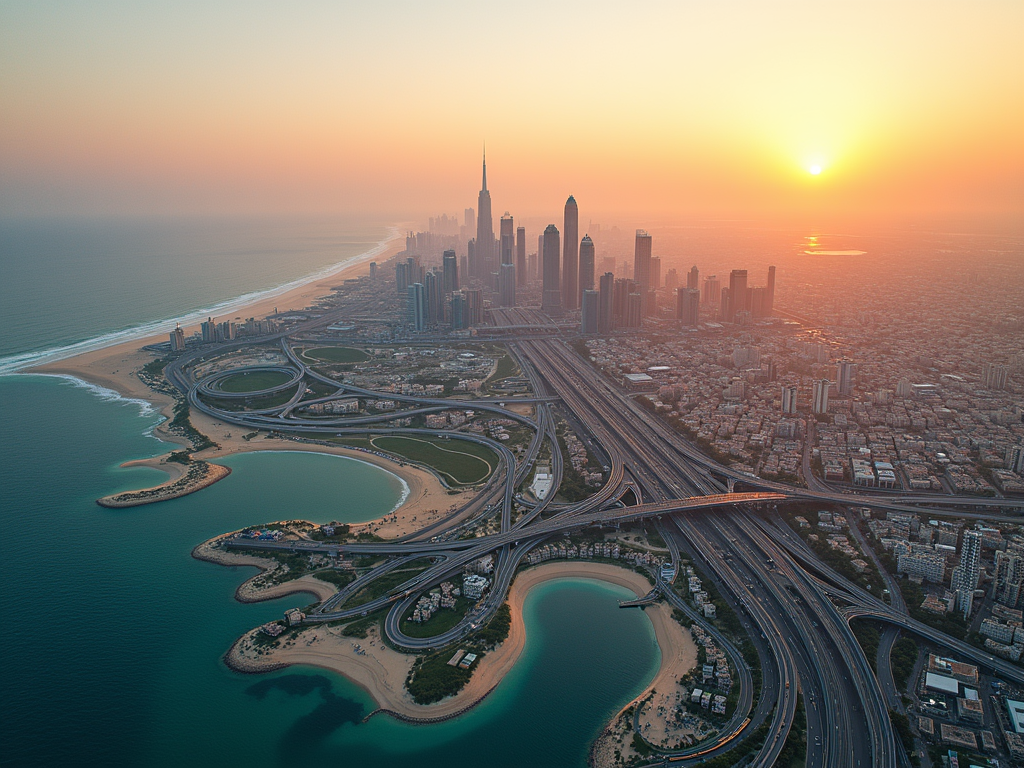 Aerial view of a coastal city at sunrise, showcasing skyscrapers, highways, and beaches.