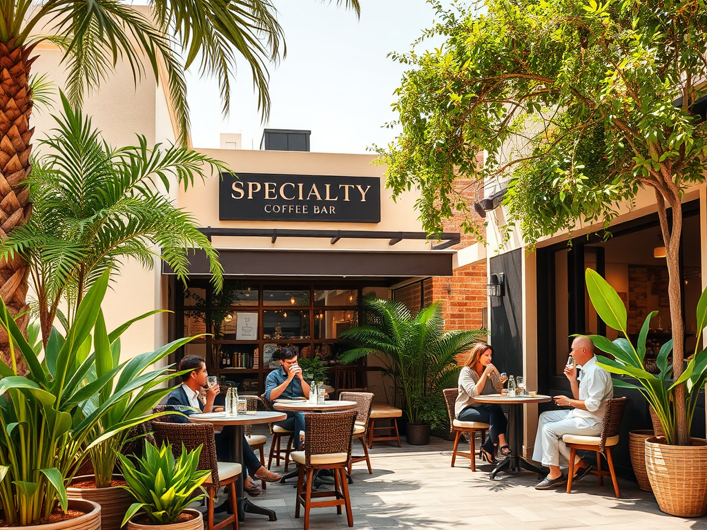 A cozy outdoor coffee bar featuring lush greenery, patrons enjoying drinks, and a welcoming atmosphere.