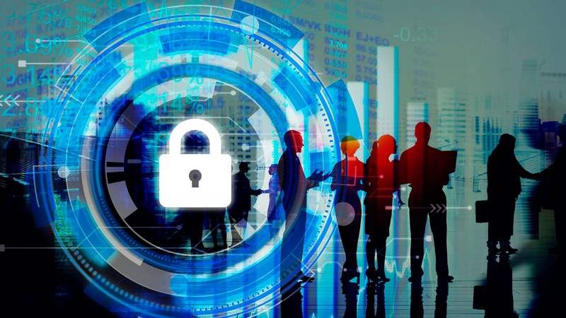 A digital padlock symbol overlays silhouettes of people and financial graphics, representing cybersecurity in a business context.