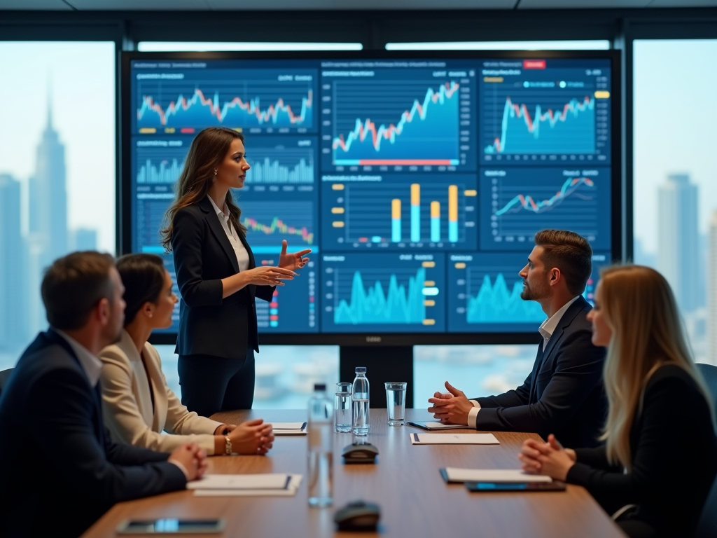 Woman presenting financial data to colleagues in a meeting room with large digital screens.