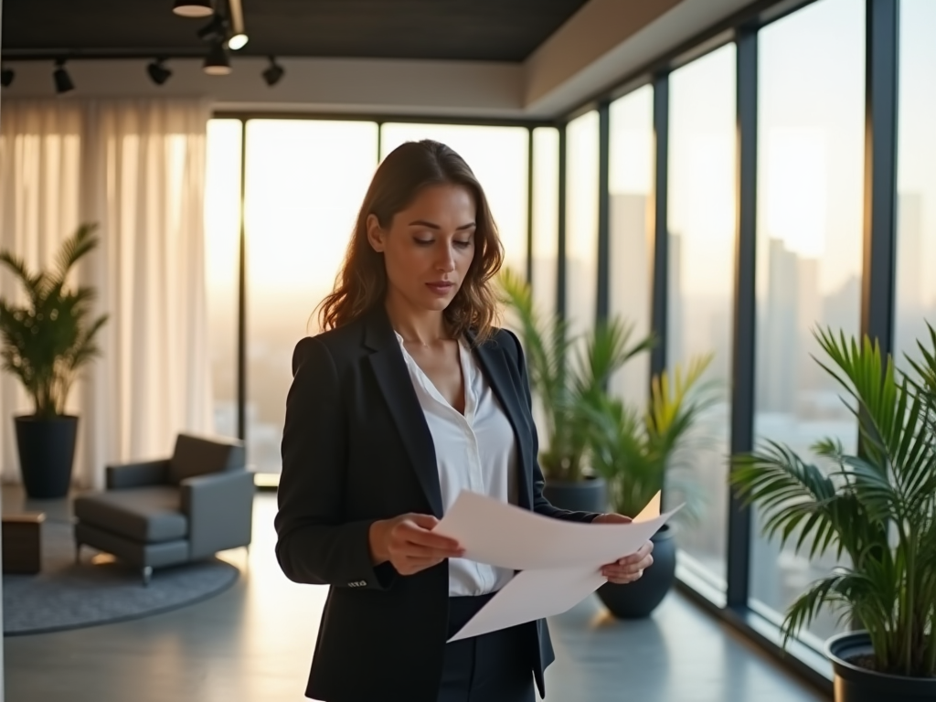 Businesswoman reading documents in a modern office at sunset.