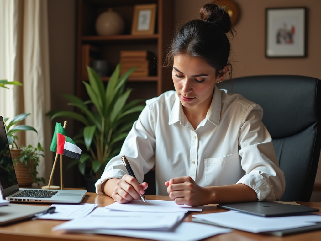 Woman focusing on paperwork at desk with UAE flag, in a home office setting.