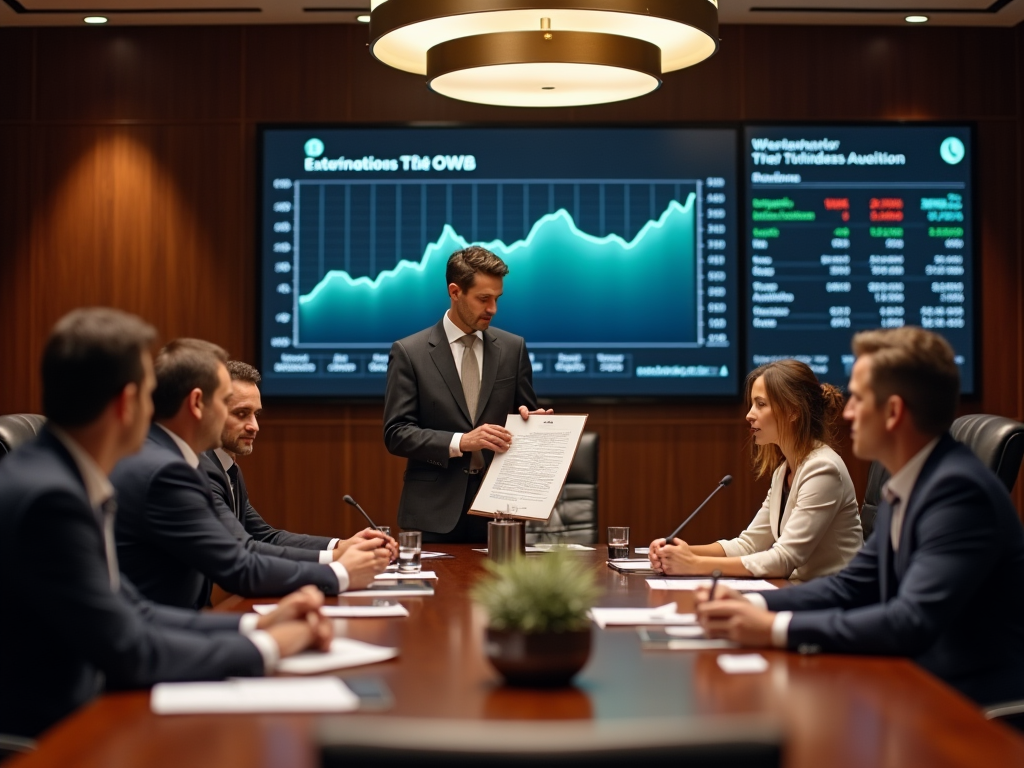 Business meeting in progress with a man presenting a document in front of digital screens displaying financial data.