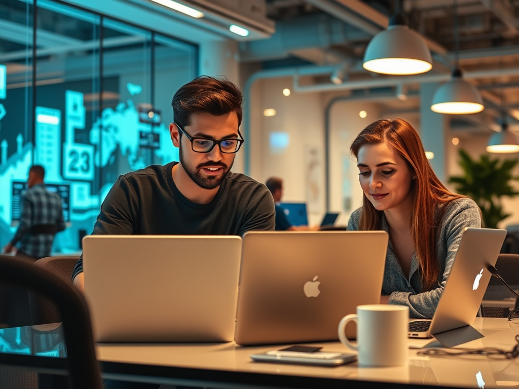 A man and a woman work together on laptops in a modern office, focused and engaged in their project.