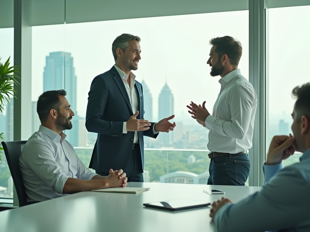 Three men in a modern office discussing, with a cityscape visible through large windows.