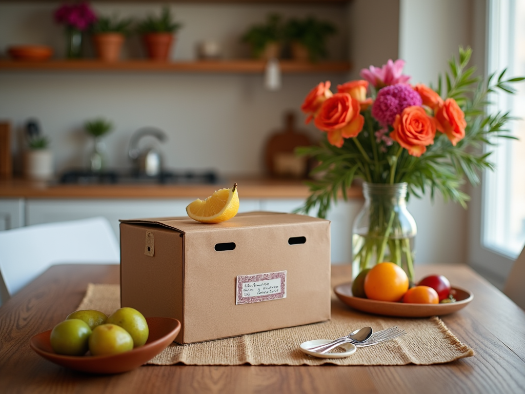 Cardboard box on a table with fruit; vibrant orange flowers in a vase blurred in the background.