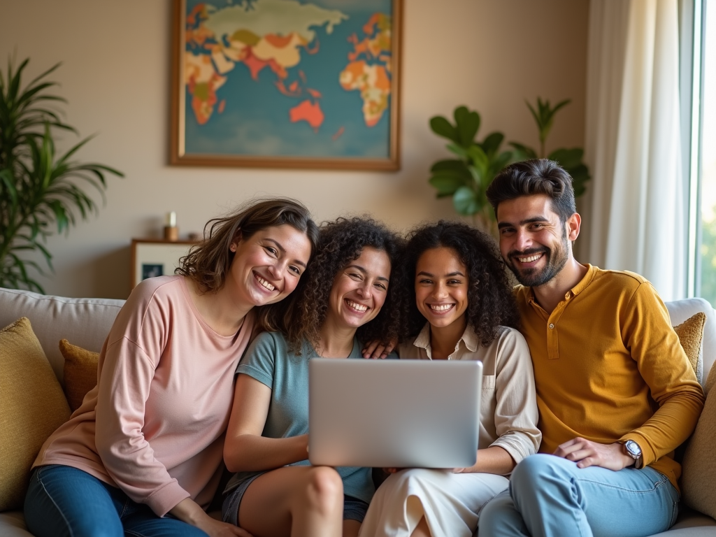 Four friends smiling and looking at a laptop together on a couch, with a world map in the background.