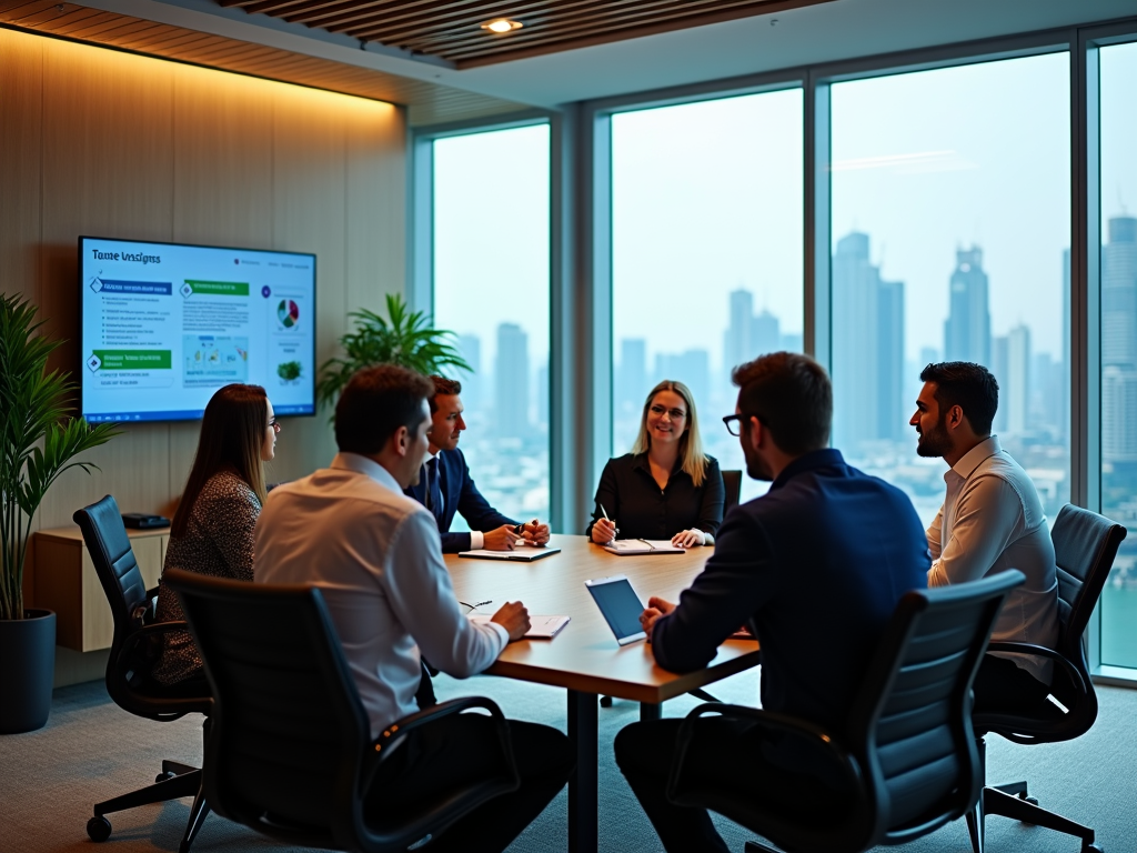 Business team discussing near a presentation screen in a boardroom with city skyline views.