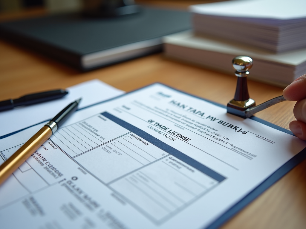 Close-up of a hand stamping a trade license form, with a pen lying next to it on a desk.