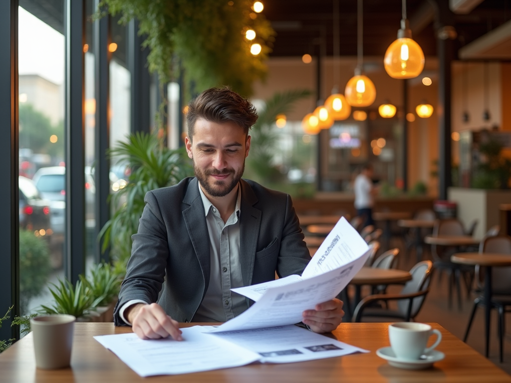 Man in suit reviewing documents at a cafe table with a coffee cup, ambient lighting.