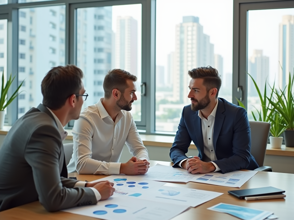 Three men in business attire discuss charts during a meeting in a modern office with city views.