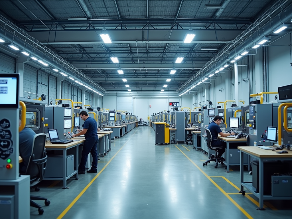 Workers operating machinery in a spacious, modern industrial factory setting.