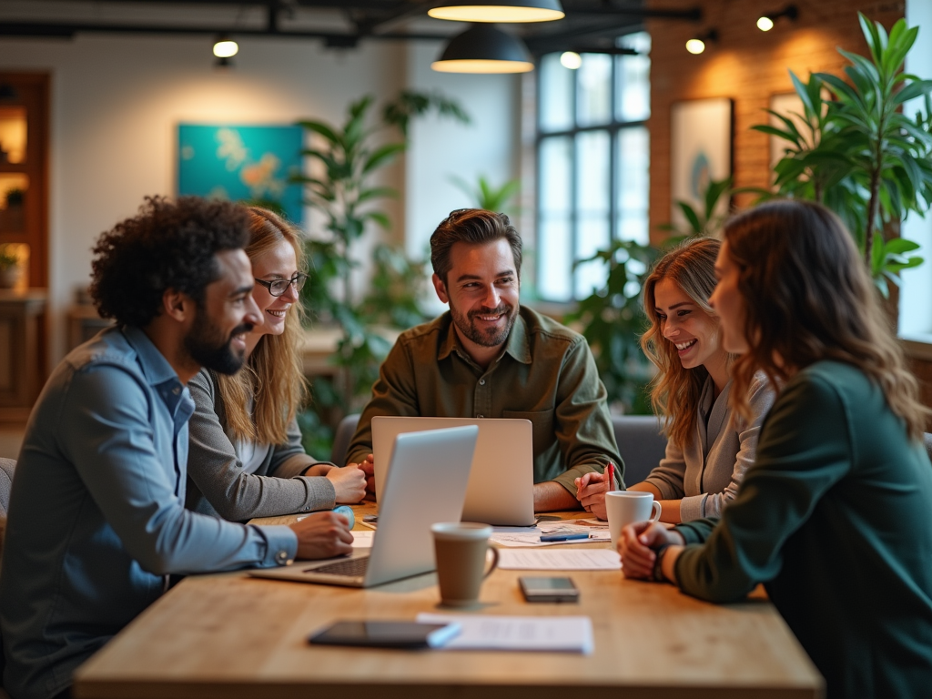 Group of five colleagues laughing and discussing around a laptop in a modern office.