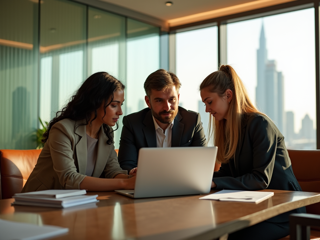 Three professionals discussing over a laptop in a modern office at sunset.