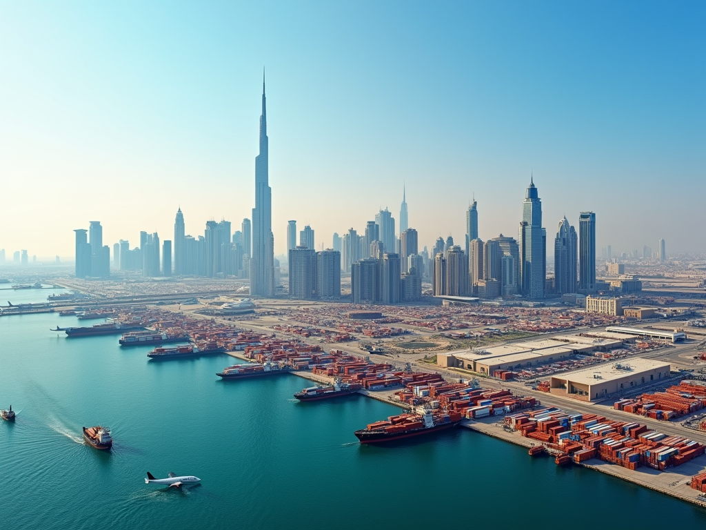 Aerial view of Dubai skyline and ports with skyscrapers and cargo containers, clear sky.