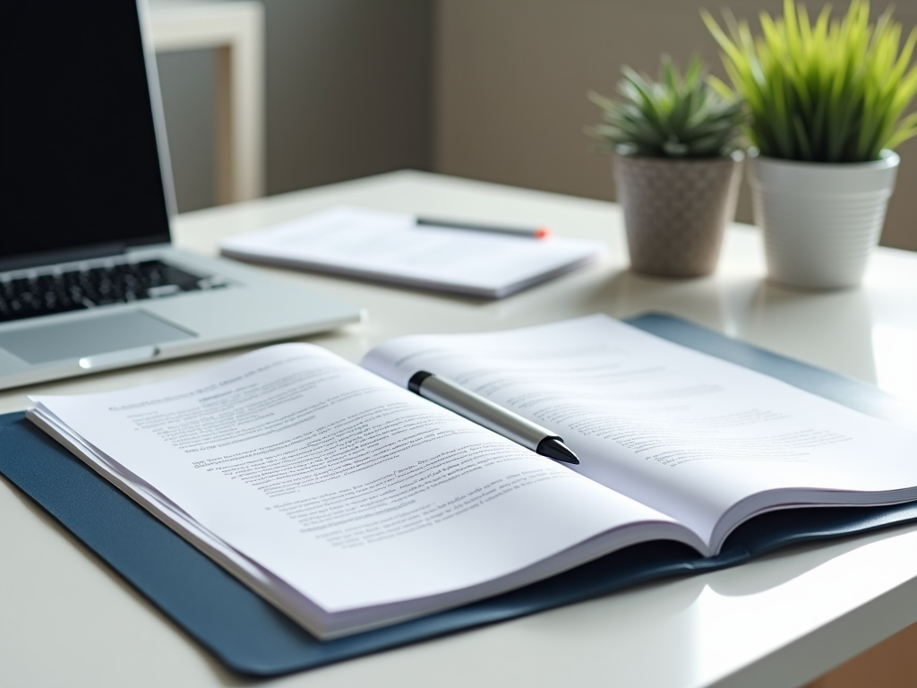 A well-organized desk with an open book, laptop, and potted plants, illuminated by sunlight.