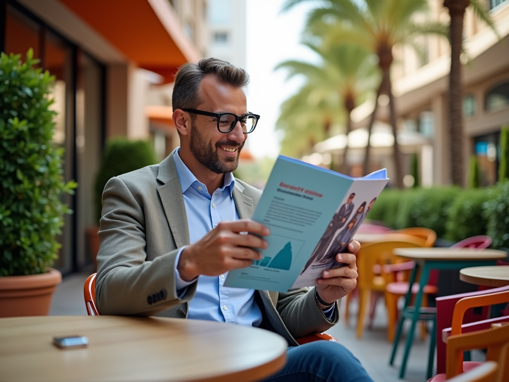 Smiling man in glasses reading a brochure at a colorful outdoor cafe.