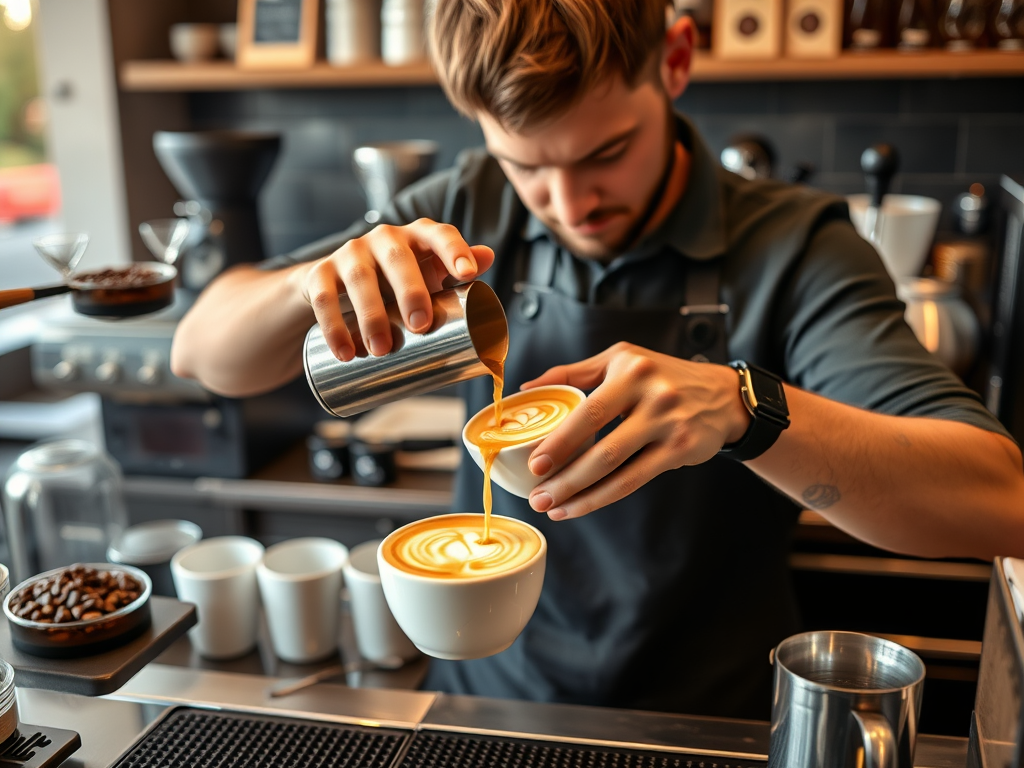 A barista skillfully pours latte art into a cup while preparing coffee in a modern café.