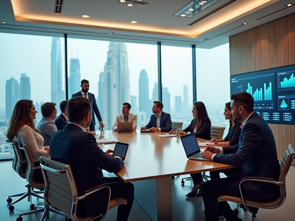 Business professionals discussing in a modern boardroom with skyline views.